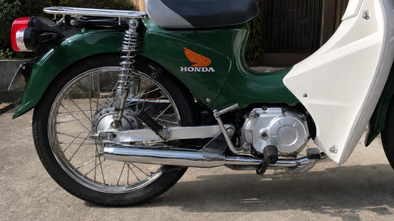 スーパーカブ110 JA07にキタコ ステンレススポーティーダウンマフラーを装着した様子