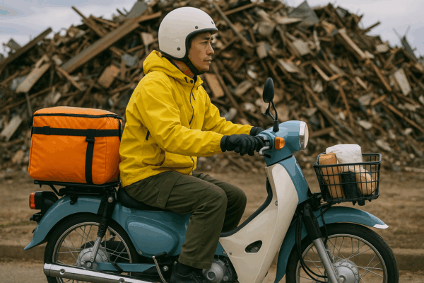 災害時にスーパーカブで移動する日本人ライダーの写真