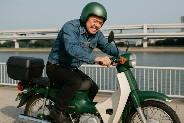 バッテリー上がりするスーパーカブで必死にキックする男性