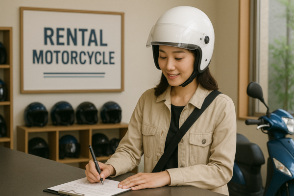 レンタルバイクの手続きする女性